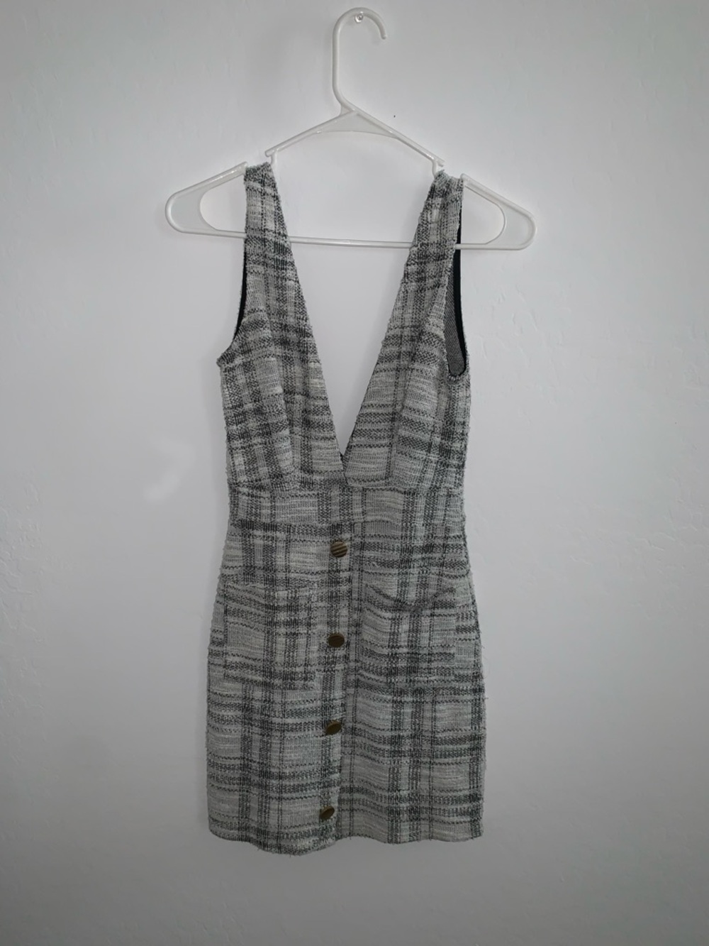 Ragdoll Gray Plaid Deep V Button-Front Mini Dress